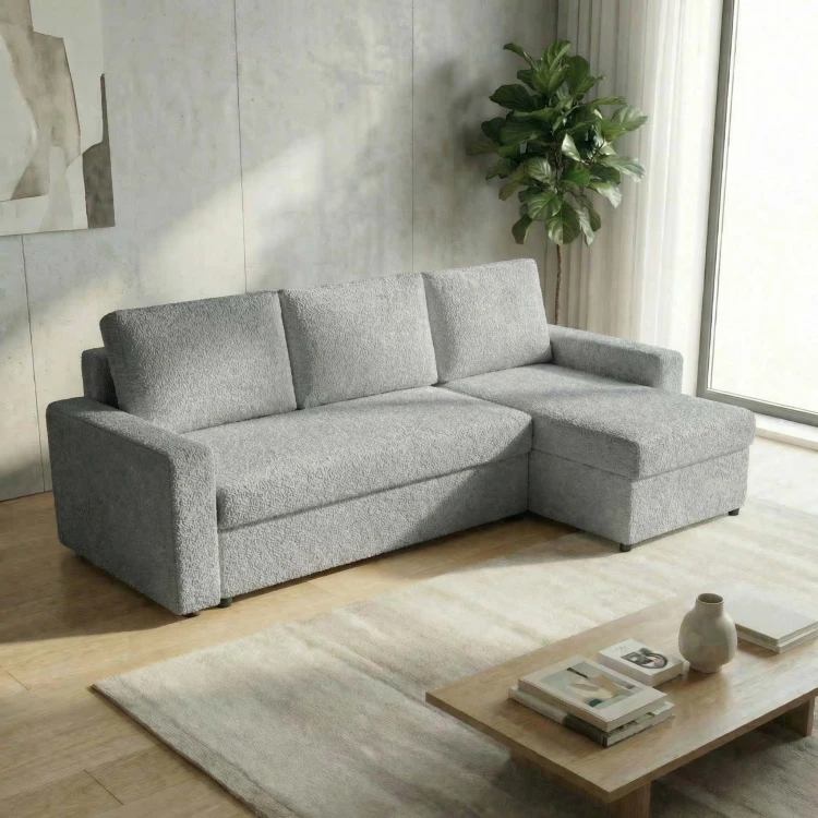 Ecksofa mit Schlaffunktion für das Wohnzimmer NIRVANA PLUS Bouclé Teddy Grau
