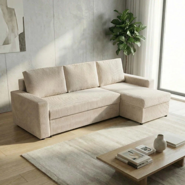 Modernes Ecksofa mit Schlaffunktion für das Wohnzimmer NIRVANA Cord Creme