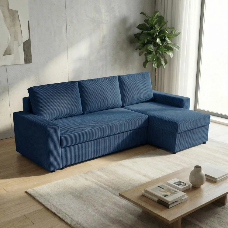 Modernes Ecksofa mit Schlaffunktion für das Wohnzimmer NIRVANA Cord Blau