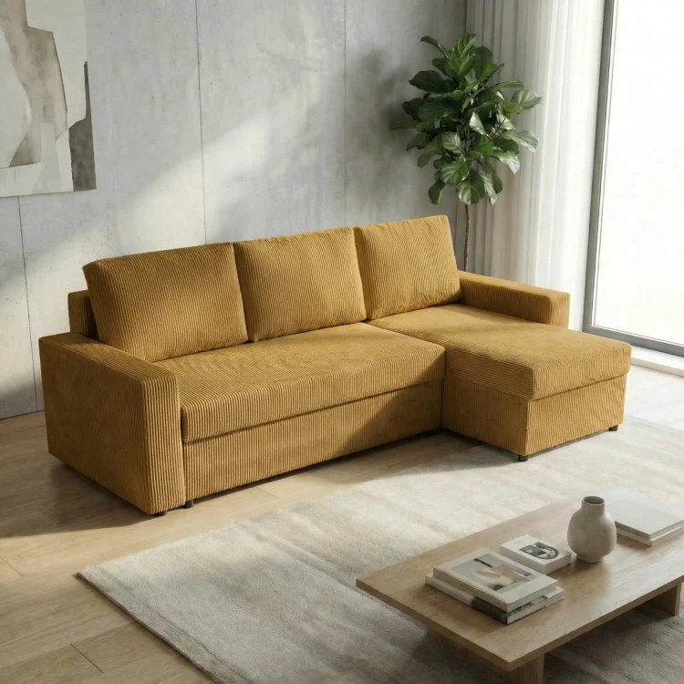 Modernes Ecksofa mit Schlaffunktion für das Wohnzimmer NIRVANA Cord Gold