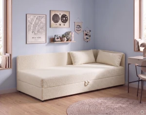 Einzelbett mit Bettkasten Hirek 80x200 Teddy-Bouclé Creme
