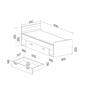 Einzelbett 80x190 Lorento 13 Weiß/Nasch-Eiche