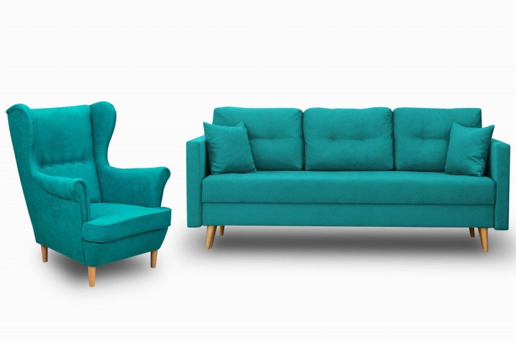Skandinavisches Möbelset Schlafsofa mit Bettkasten und Sessel Türkis