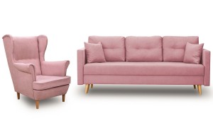 Skandinavisches Möbelset Schlafsofa mit Bettkasten und Sessel Pink