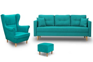 Skandinavisches Möbelset Schlafsofa mit Bettkasten und Sessel mit Fußhocker Türkis