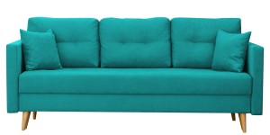 Skandinavisches Möbelset Schlafsofa mit Bettkasten und Sessel mit Fußhocker Türkis