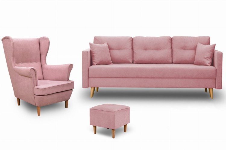 Skandinavisches Möbelset Schlafsofa mit Bettkasten und Sessel mit Fußhocker Pink