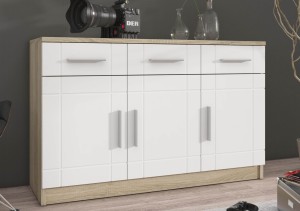 Oberschrank mit Display Paris WH01 mit 2 Kommoden 3D 2S und 2D 2S Weiß/Sonoma Eiche