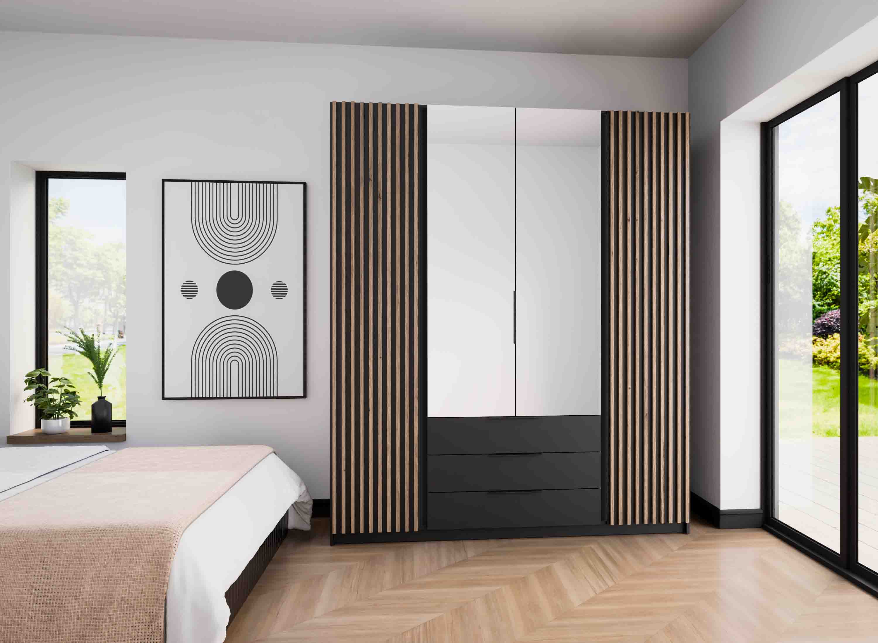 4-türiger Garderobenschrank mit Spiegeln und Lamellen Dravero BL/BL-EV 2LAM 2L 3S