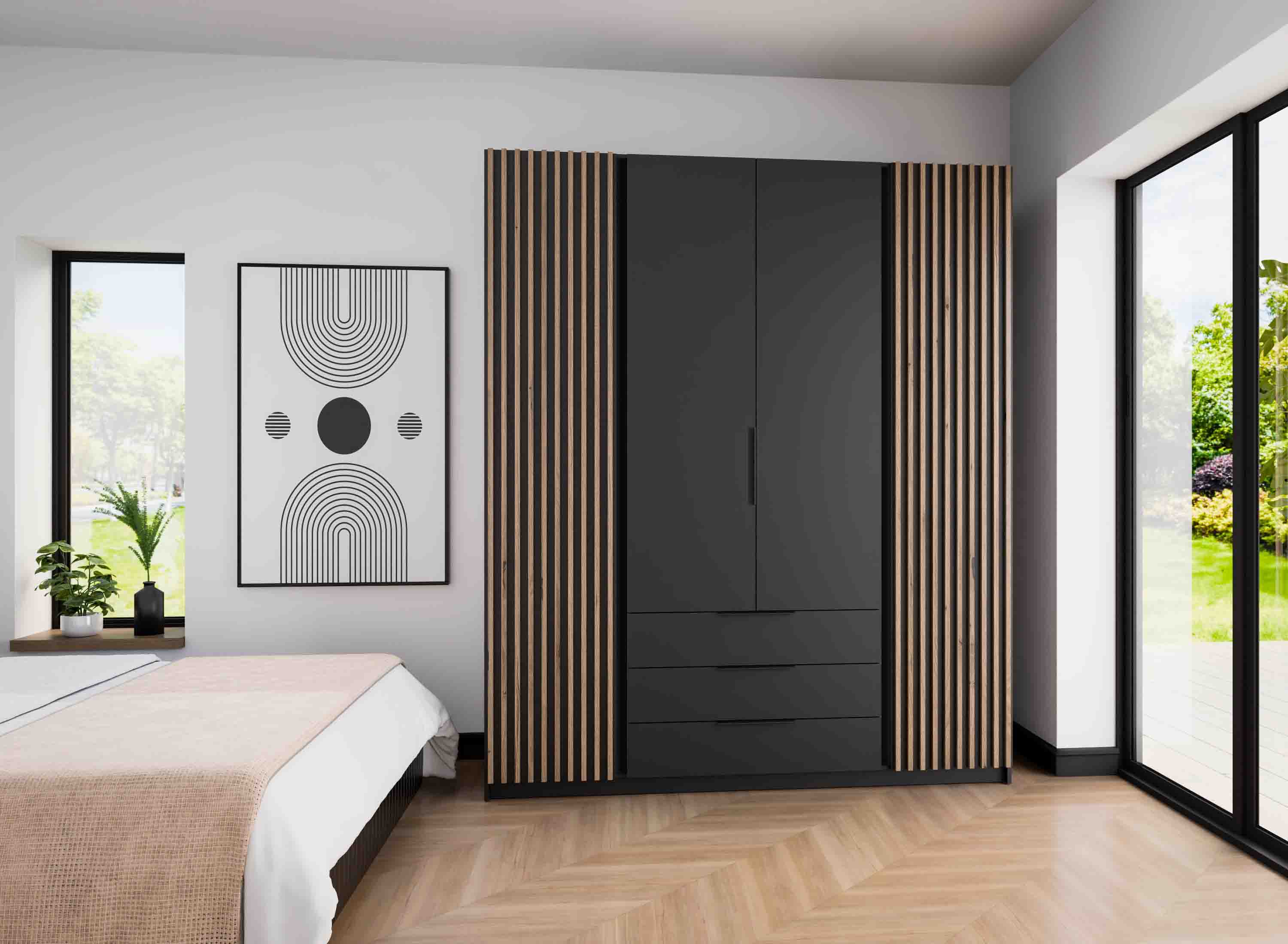 4-türiger Garderobenschrank mit Schubladen und Lamellen Dravero BL/BL-EV 2LAM 2F 3S