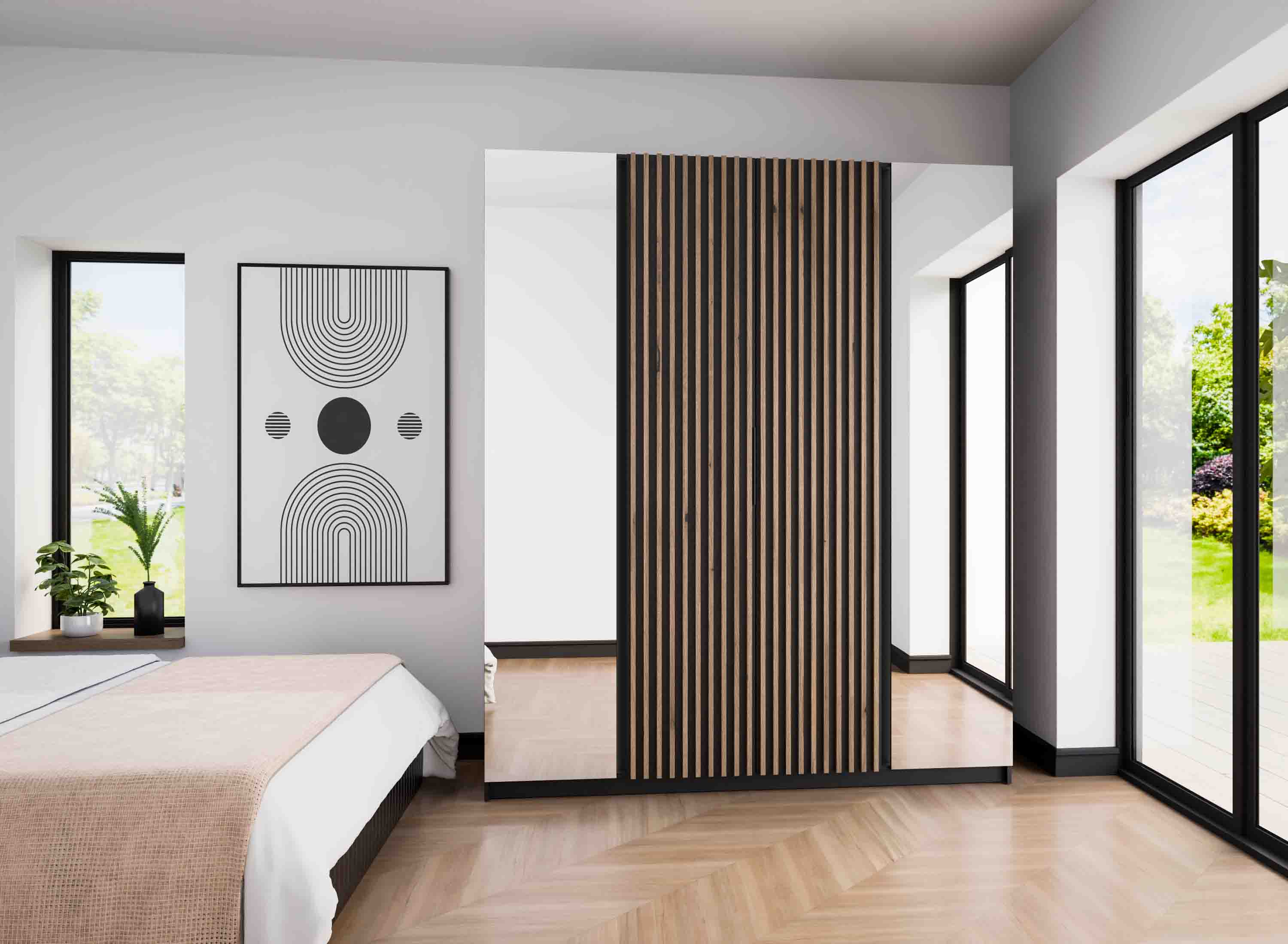 4-türiger Garderobenschrank mit Spiegel und Lamellen Dravero BL/BL-EV 2L 2LAM