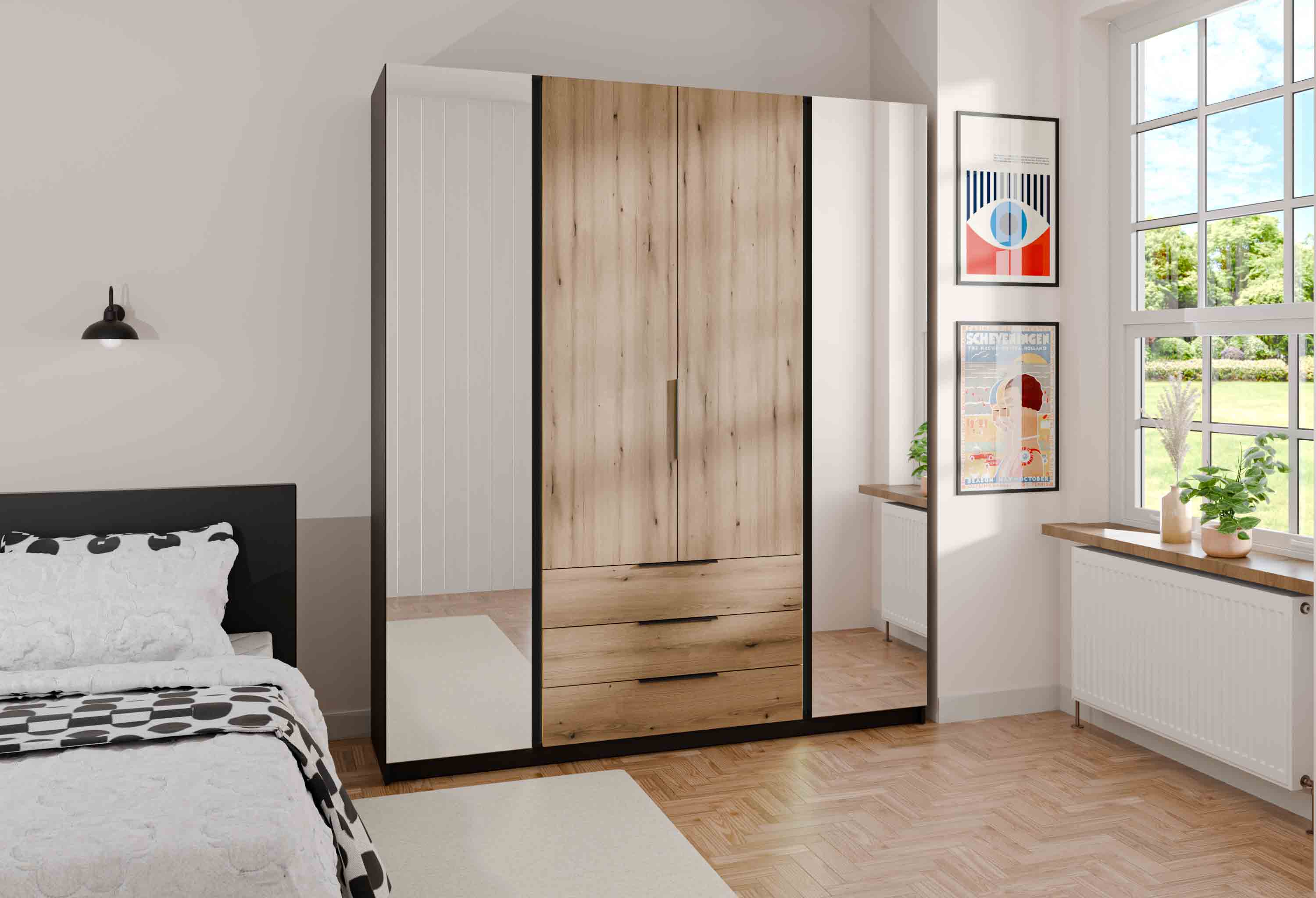 4-türiger Kleiderschrank mit Spiegel und Schubladen Dravero BL/EV 2L 2F 3S