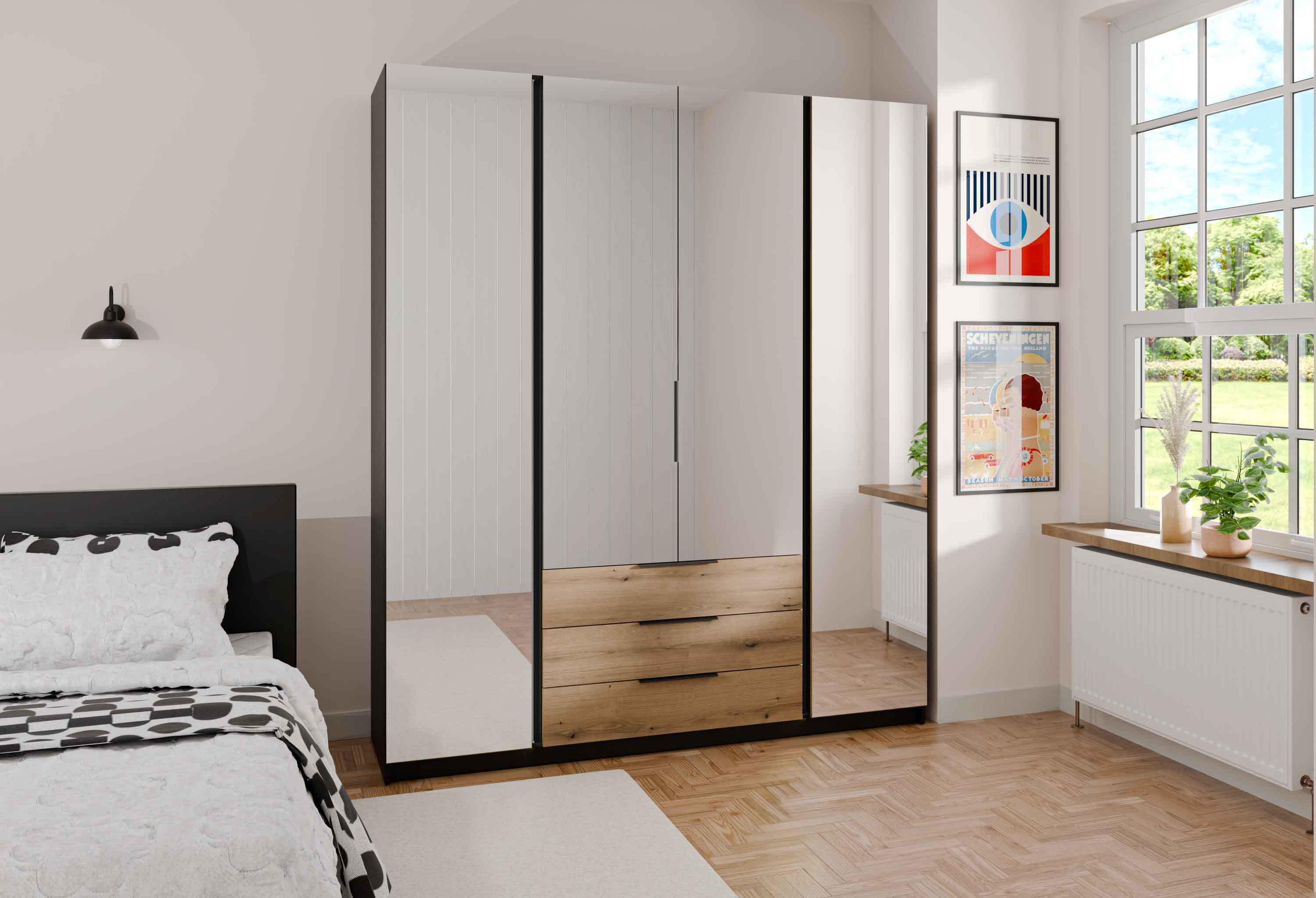 4-türiger Kleiderschrank mit Spiegeln und Schubladen Dravero BL/EV 4L 3S