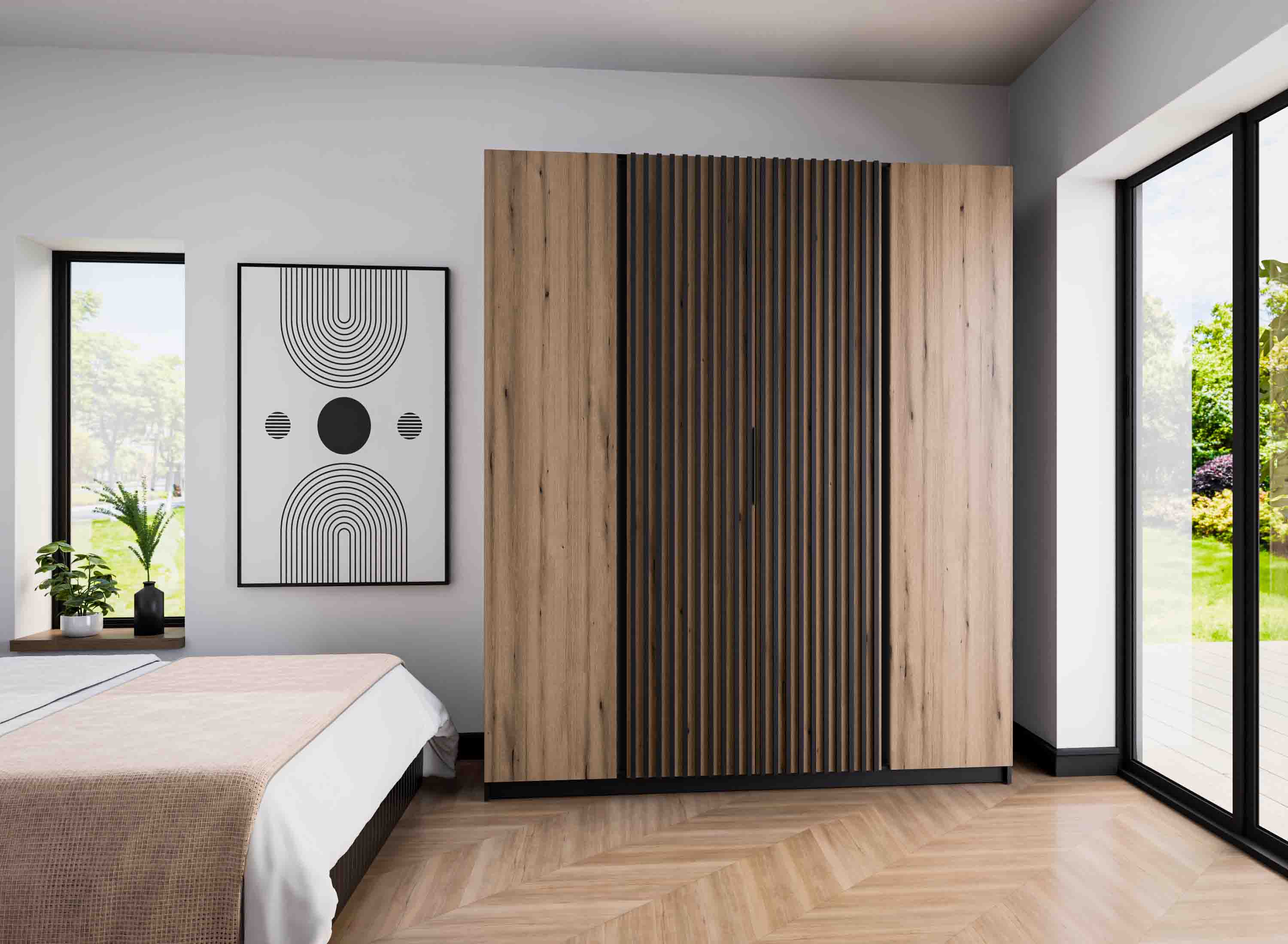 4-türiger Kleiderschrank mit Lamellen und Regalen Dravero BL/EV-BL 2F 2LAM