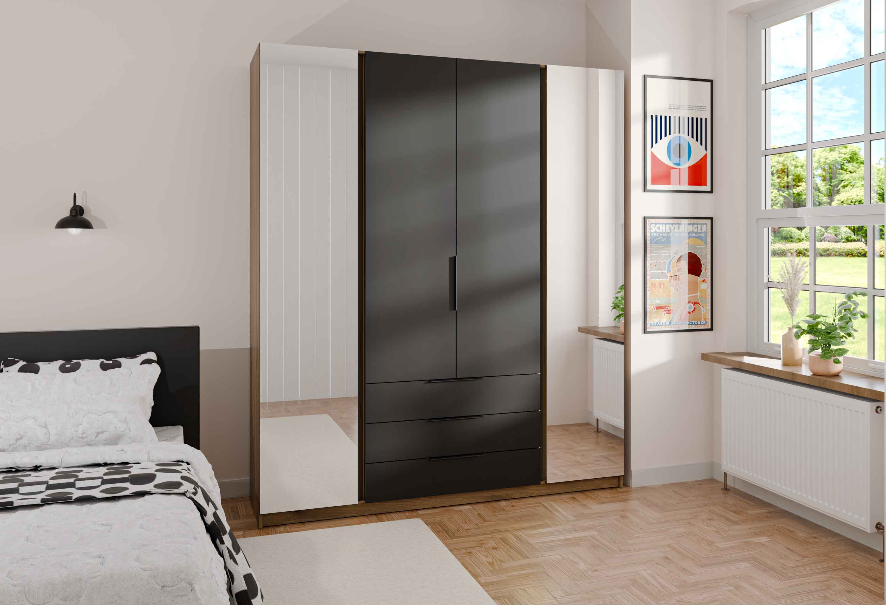 4-türiger Kleiderschrank mit Spiegeln und Schubladen Dravero EV/BL 2L 2F 3S