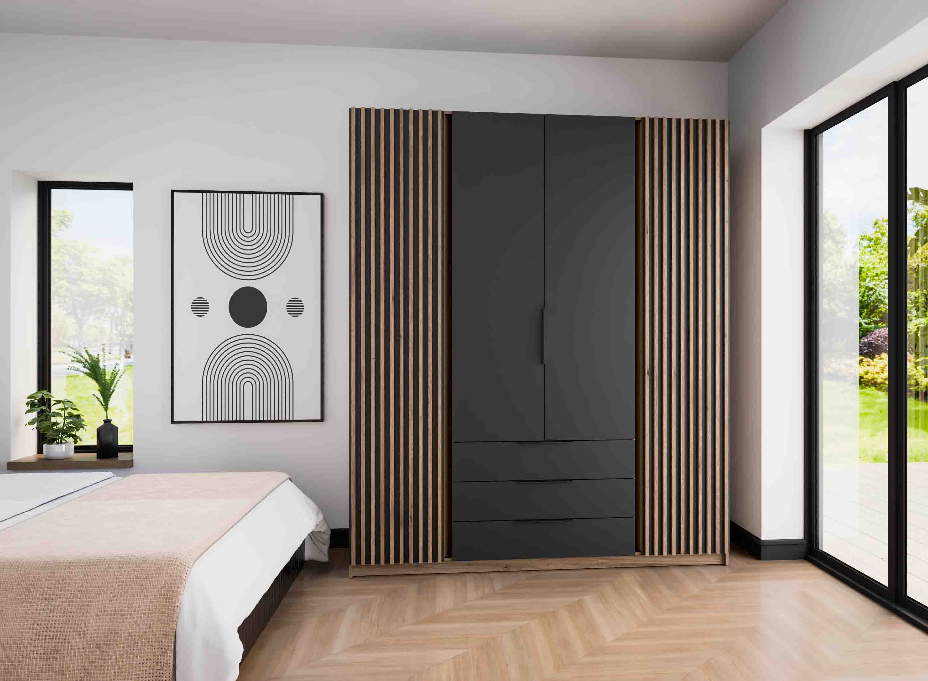 4-türiger Kleiderschrank mit Schubladen und Lamellen Dravero EV/BL-EV 2LAM 2F 3S