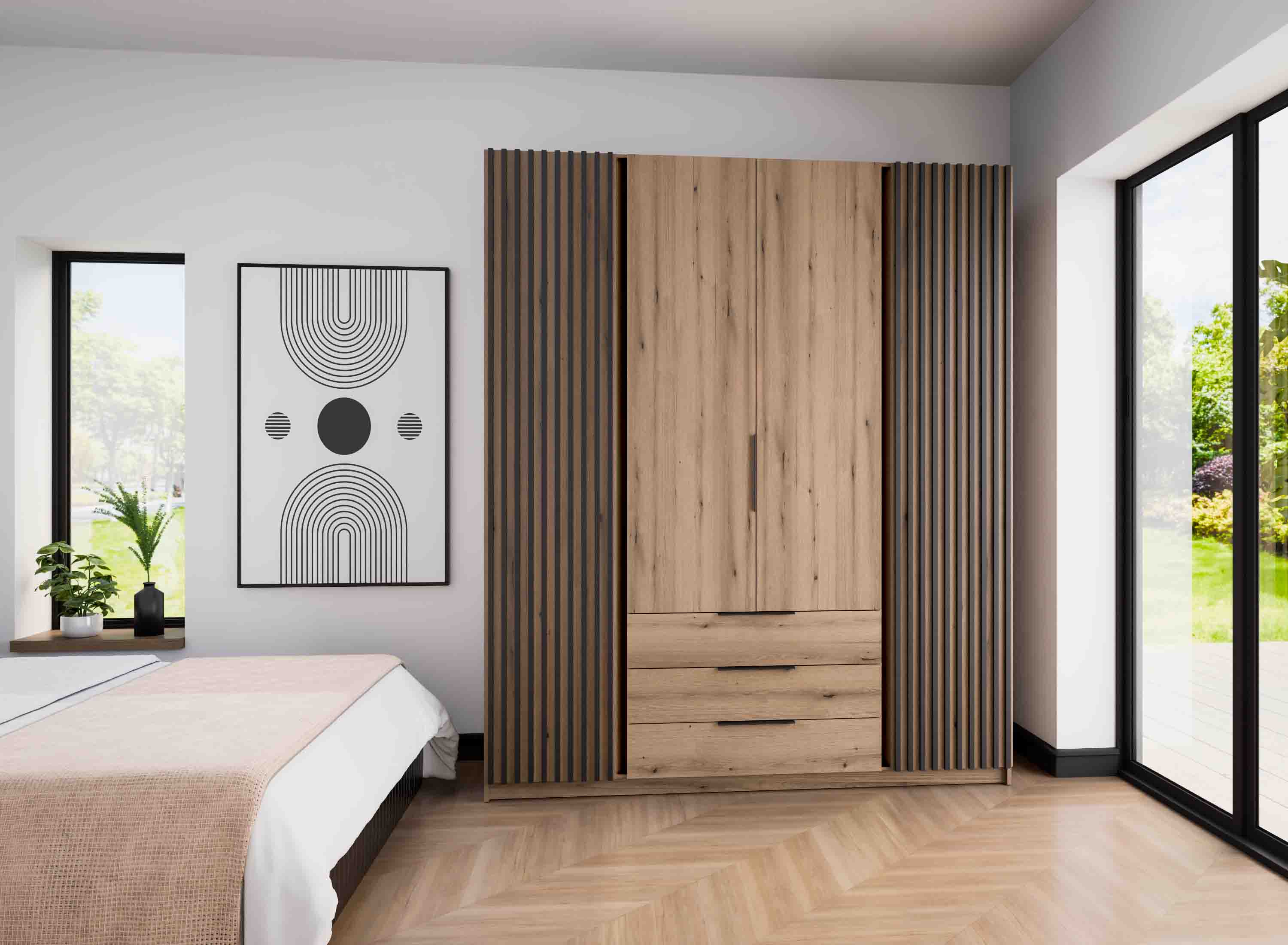 4-türiger Kleiderschrank mit Schubladen und Lamellen Dravero EV/EV-BL 2LAM 2F 3S