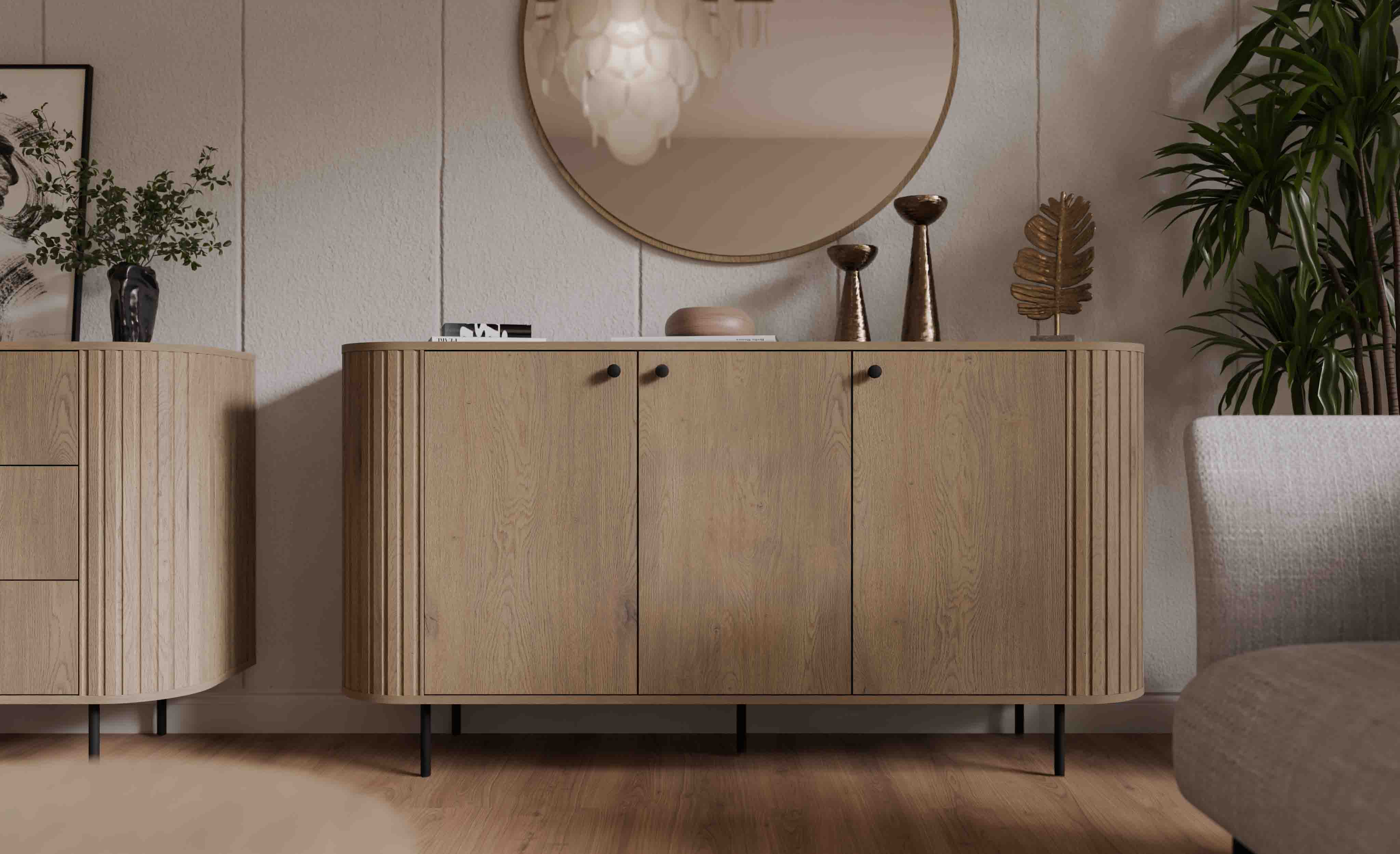 Wohnzimmerkommode mit drei Türen und Rillen Flana 830 3F Eiche Cremona