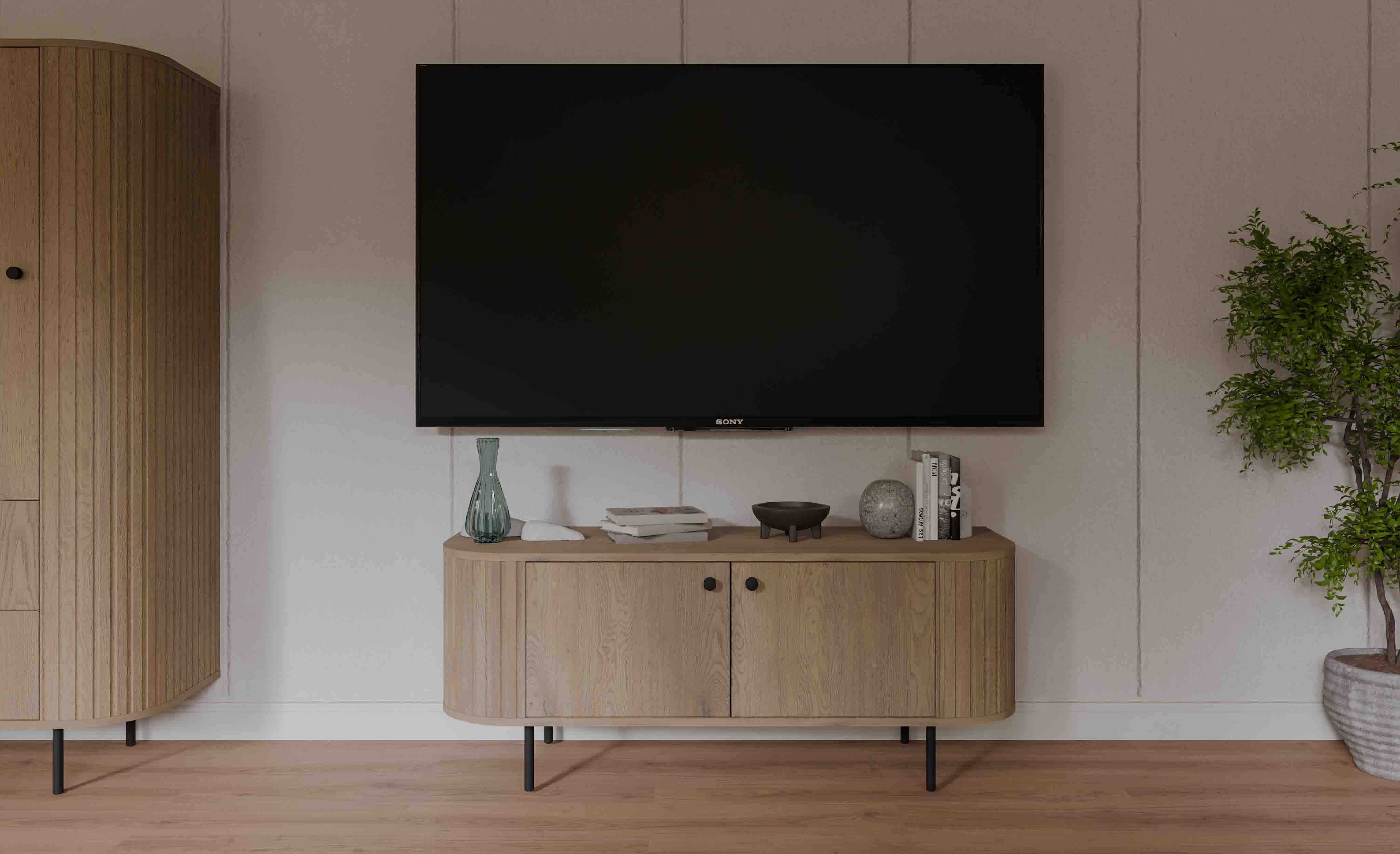 TV-Lowboard mit zwei Türen und Rillenoptik Flana 302 2F Eiche Cremona