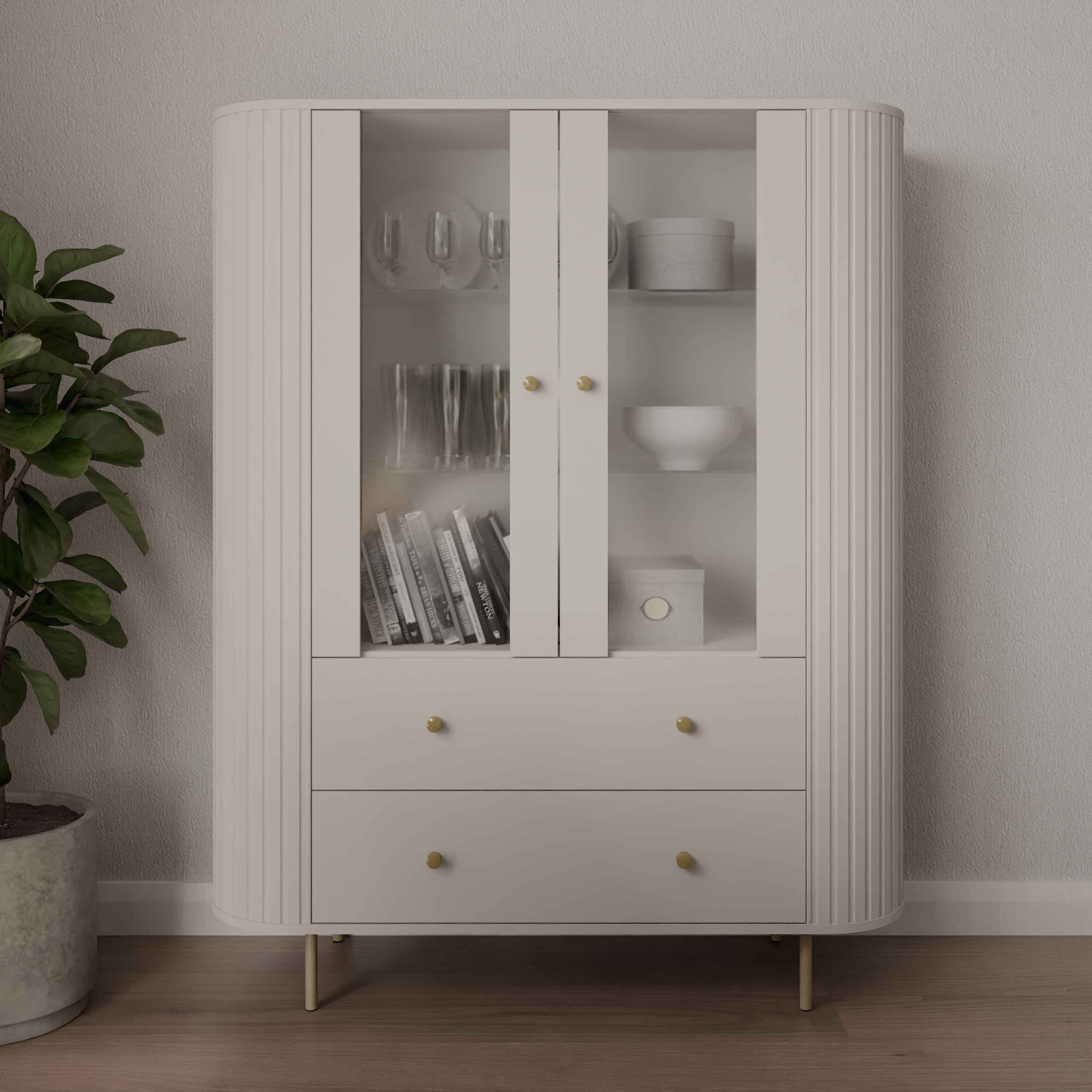 Vitrine mit zwei Glastüren und zwei Schubladen Flana 122 2F2S Beige