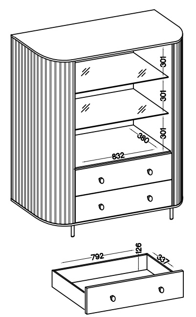 Vitrine mit zwei Glastüren und zwei Schubladen Flana 122 2F2S Beige