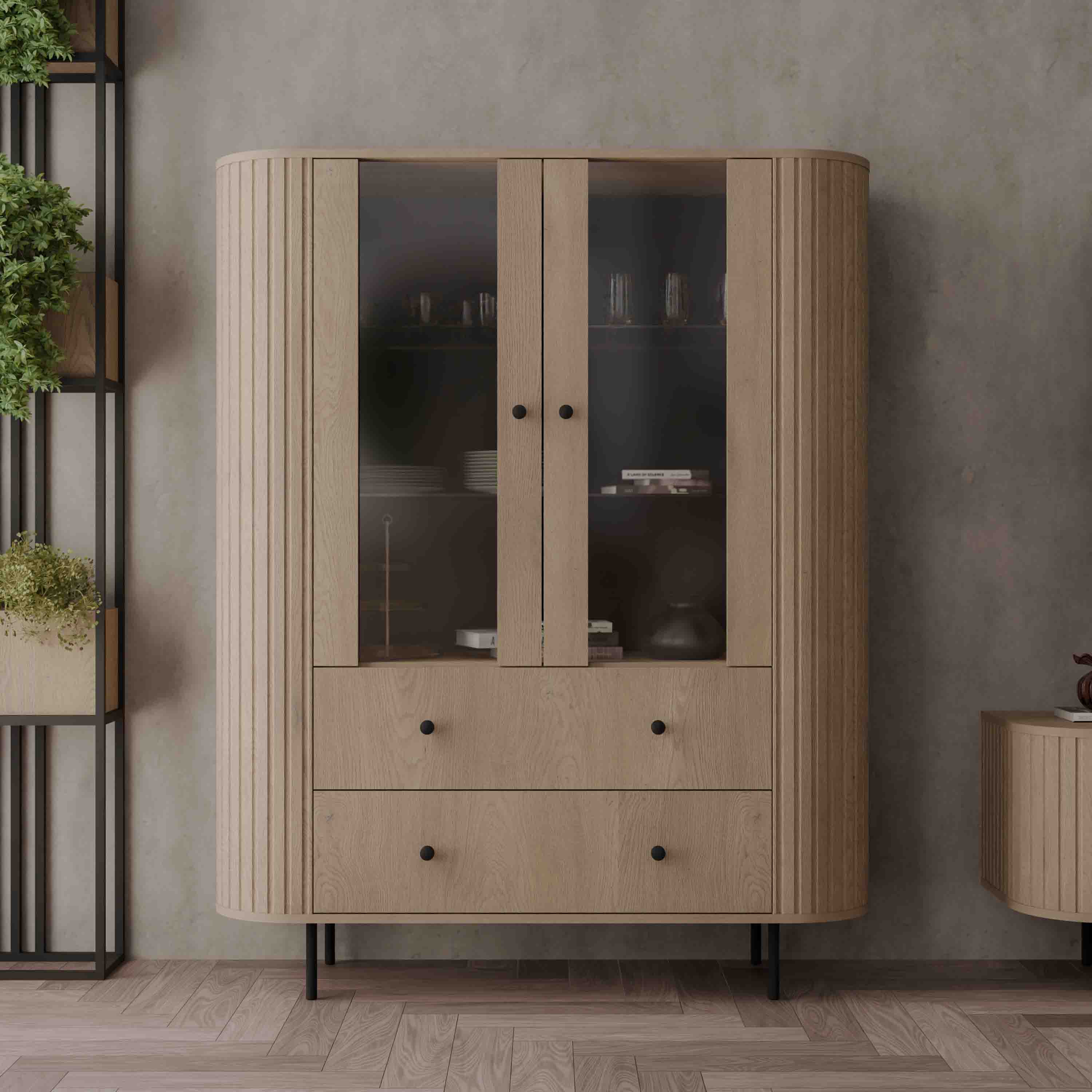 Vitrine mit zwei Glastüren und zwei Schubladen Flana 122 2F2S Eiche Cremona