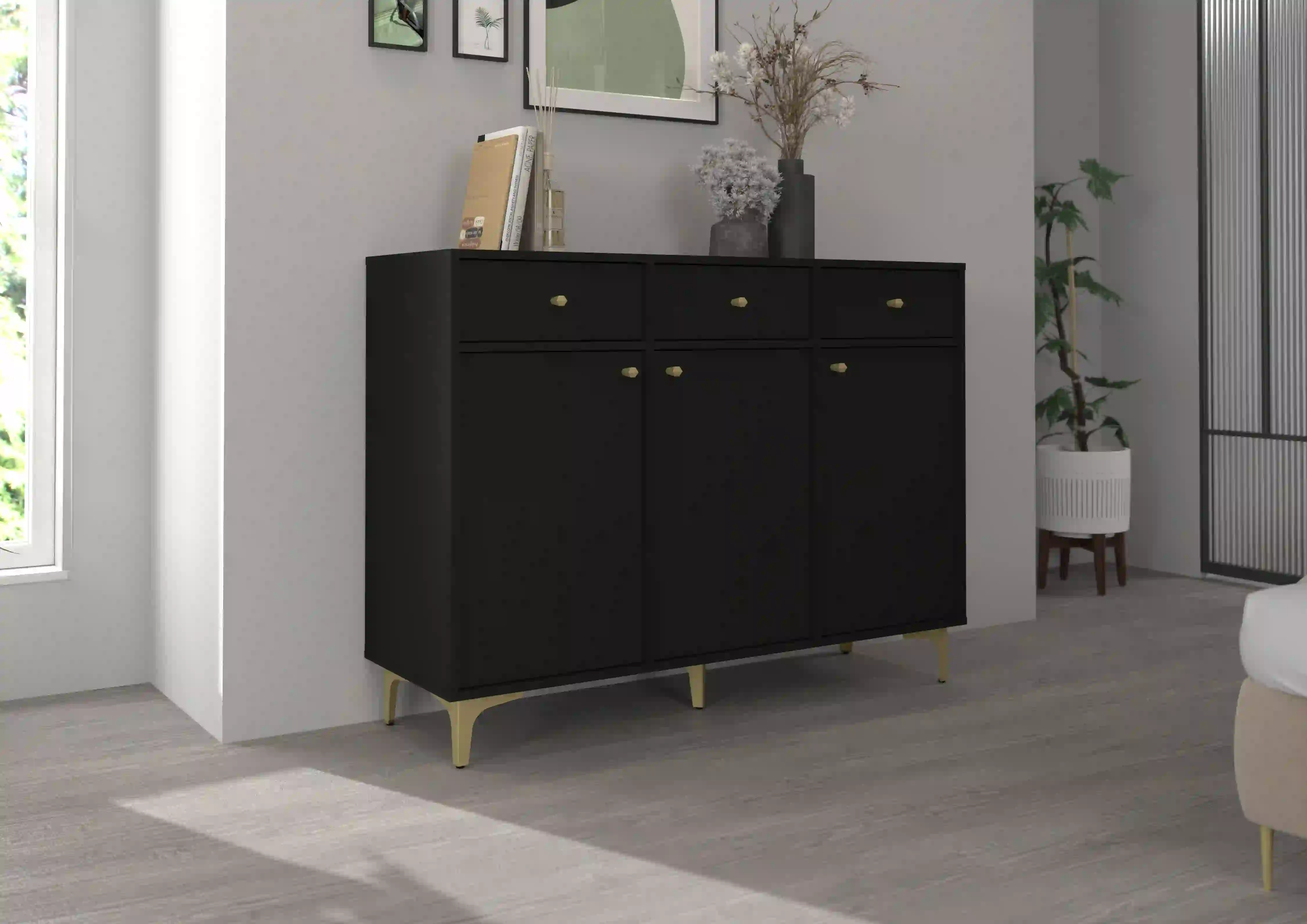Kommode mit Schubladen für Wohnzimmer Sakai 3F 3S T827 Schwarz
