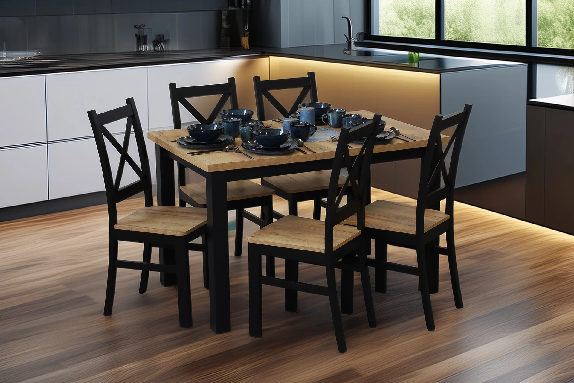 Ausziehbarer Küchentisch Esstisch LAP 150x80 Schwarz/Eiche Craft