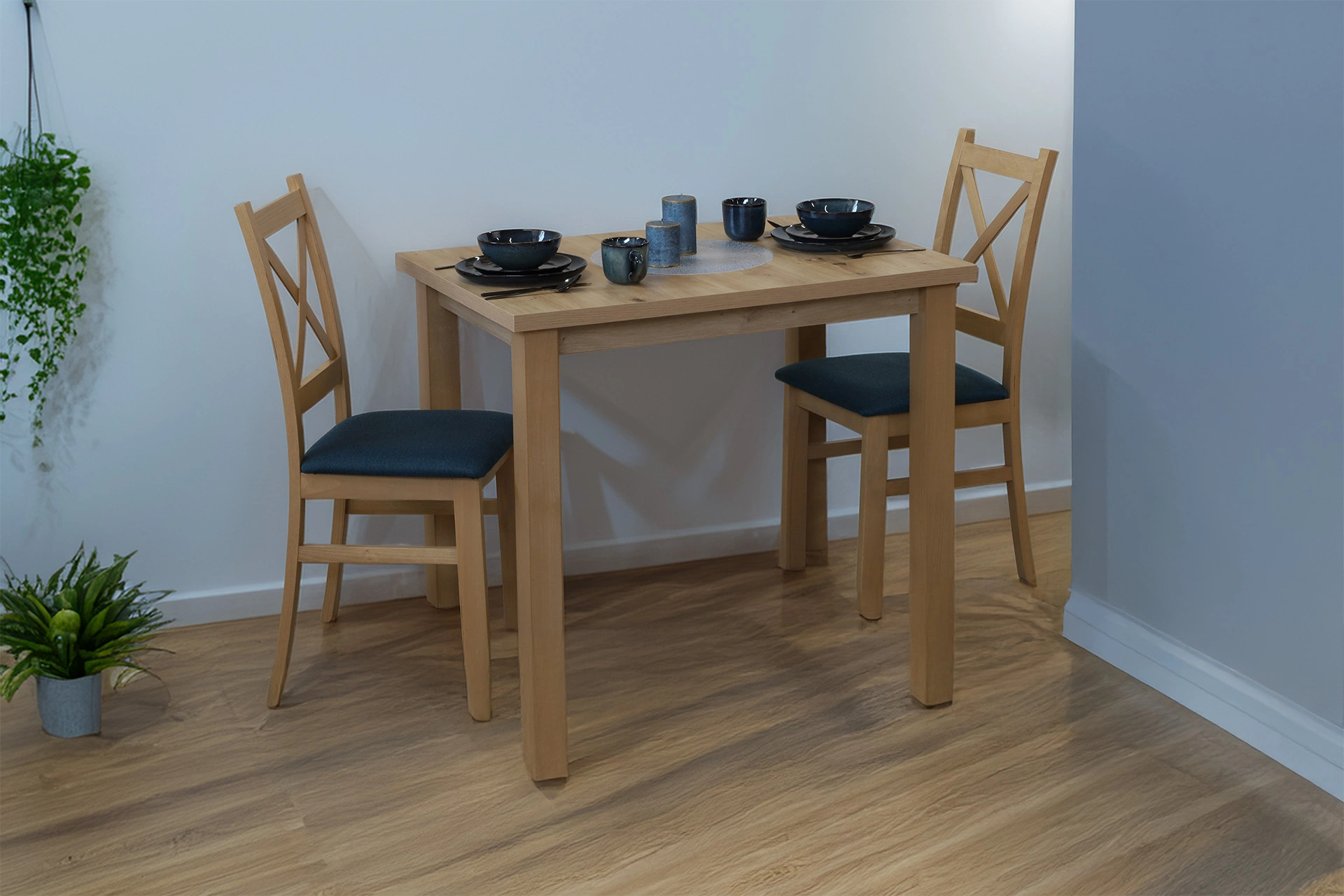 Set 2x gepolsterter Kreuzstuhl für das Esszimmer Eiche Artisan/Türkis