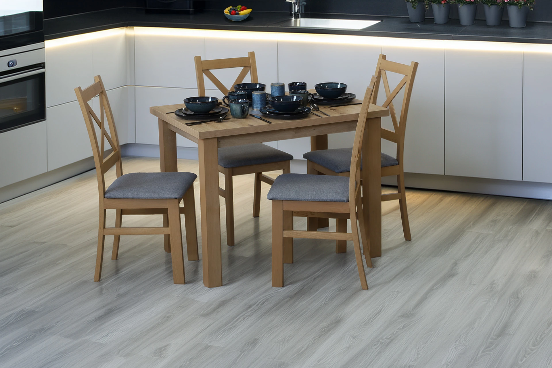 Set 4x gepolsterter Kreuzstuhl für das Esszimmer Eiche Artisan/Grau