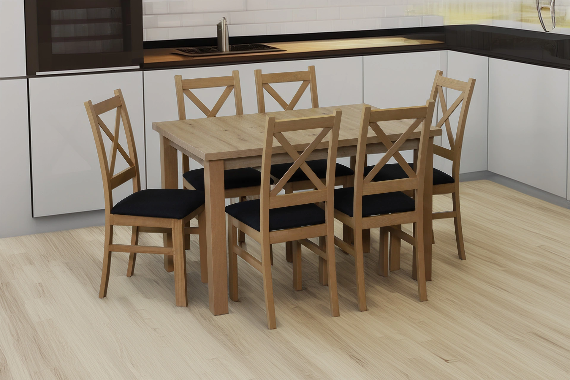 Set 6x gepolsterter Kreuzstuhl für das Esszimmer Eiche Artisan/Schwarz