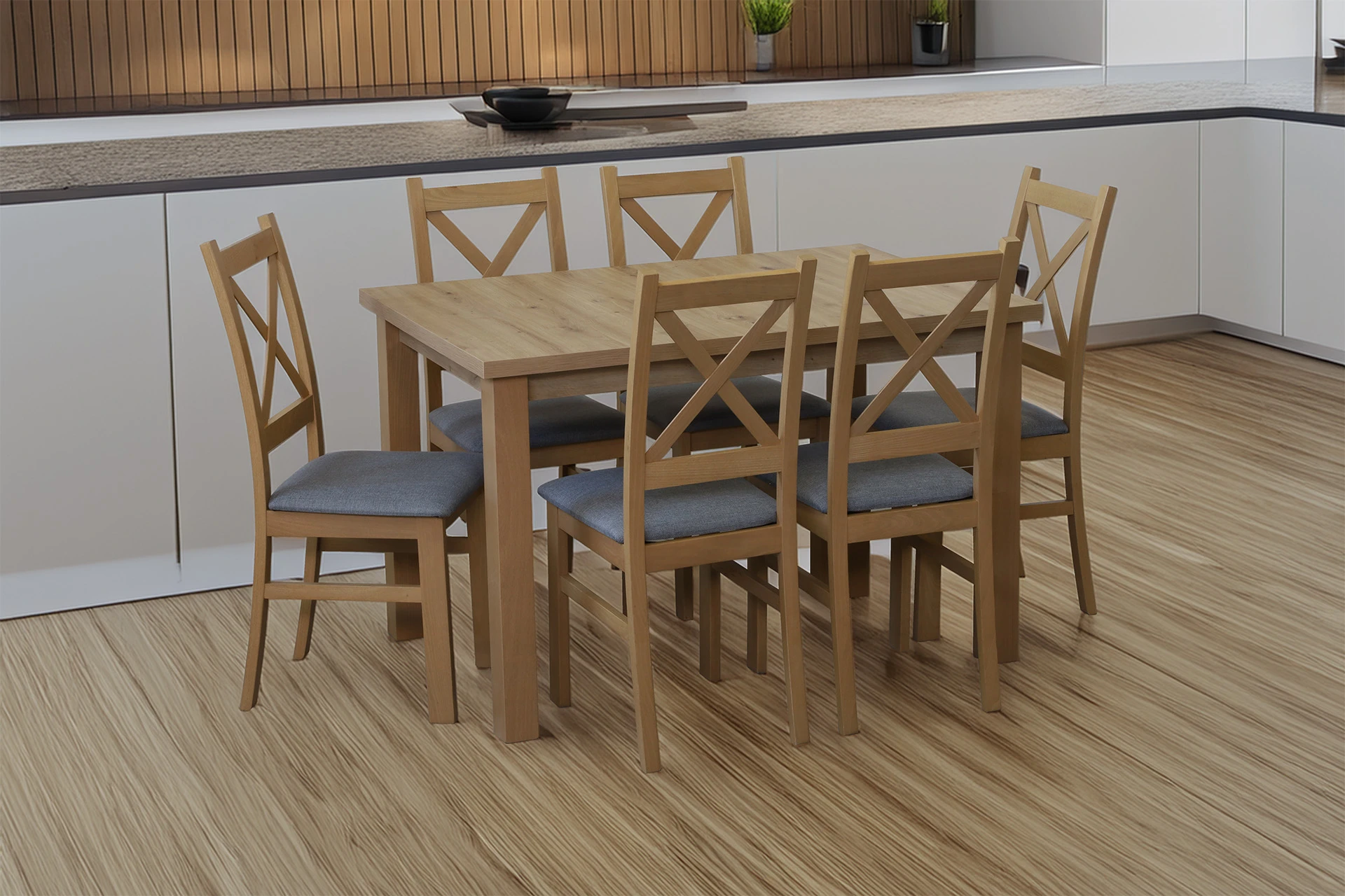Set 6x gepolsterter Kreuzstuhl für das Esszimmer Eiche Artisan/Grau