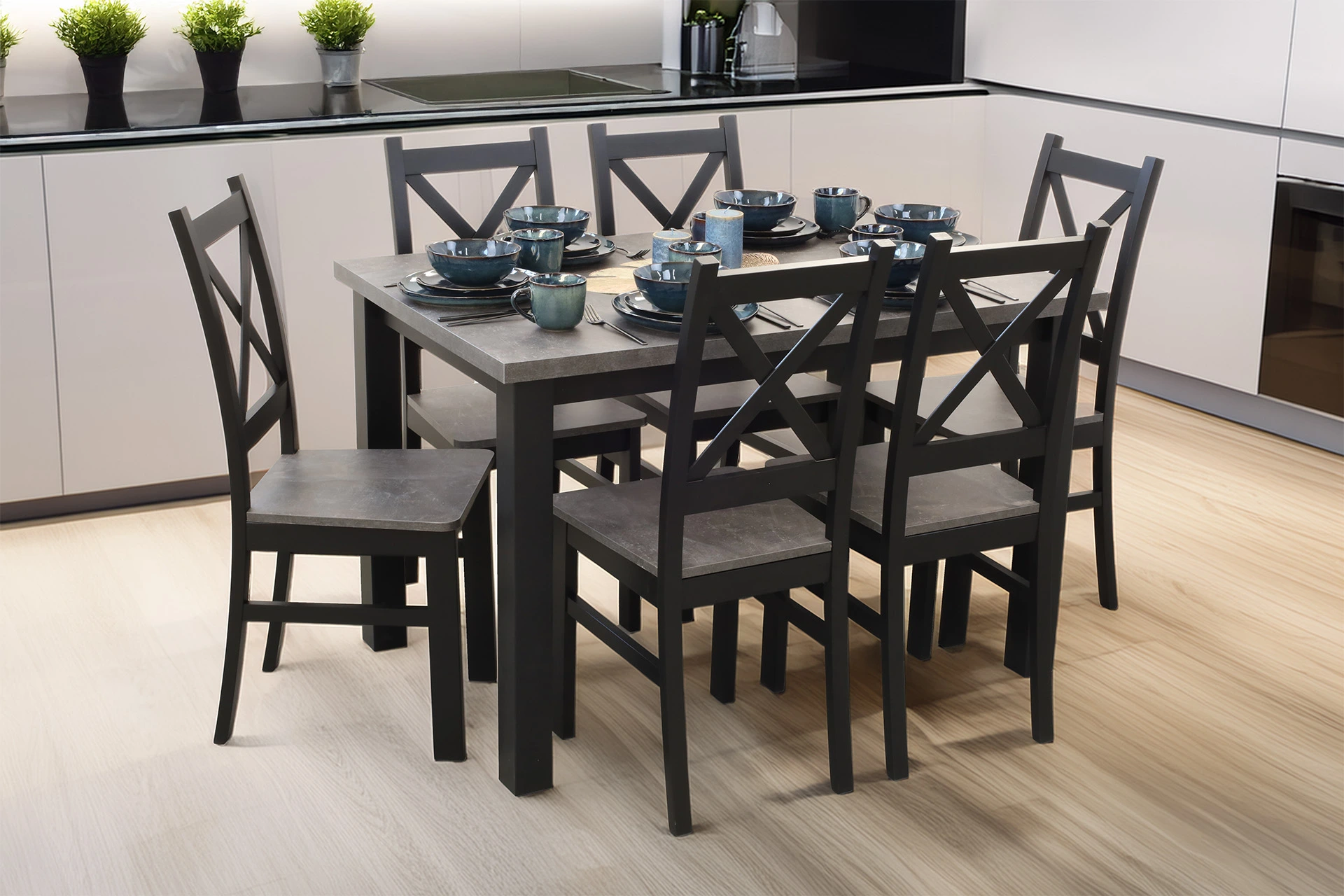 Tisch-Set 120x80 mit 6 Stühlen M002-6 Schwarz/Beton