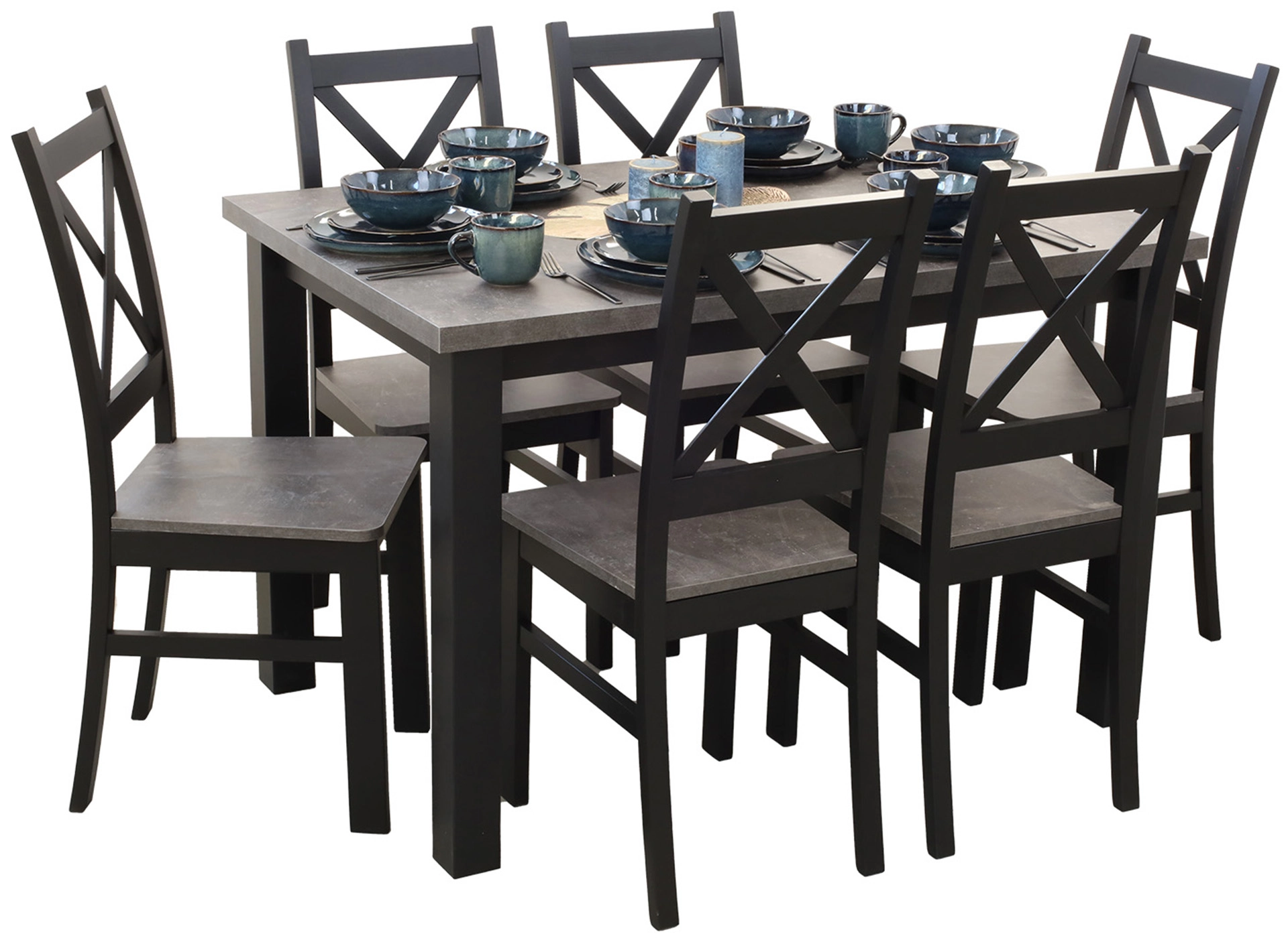 Tisch-Set 120x80 mit 6 Stühlen M002-6 Schwarz/Beton