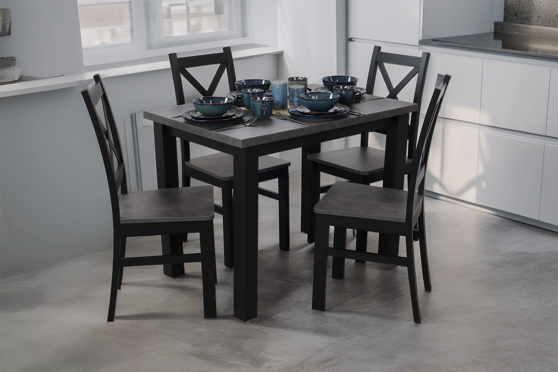 Tisch-Set 150/190x80 mit 4 Stühlen M003-4 Schwarz/Beton