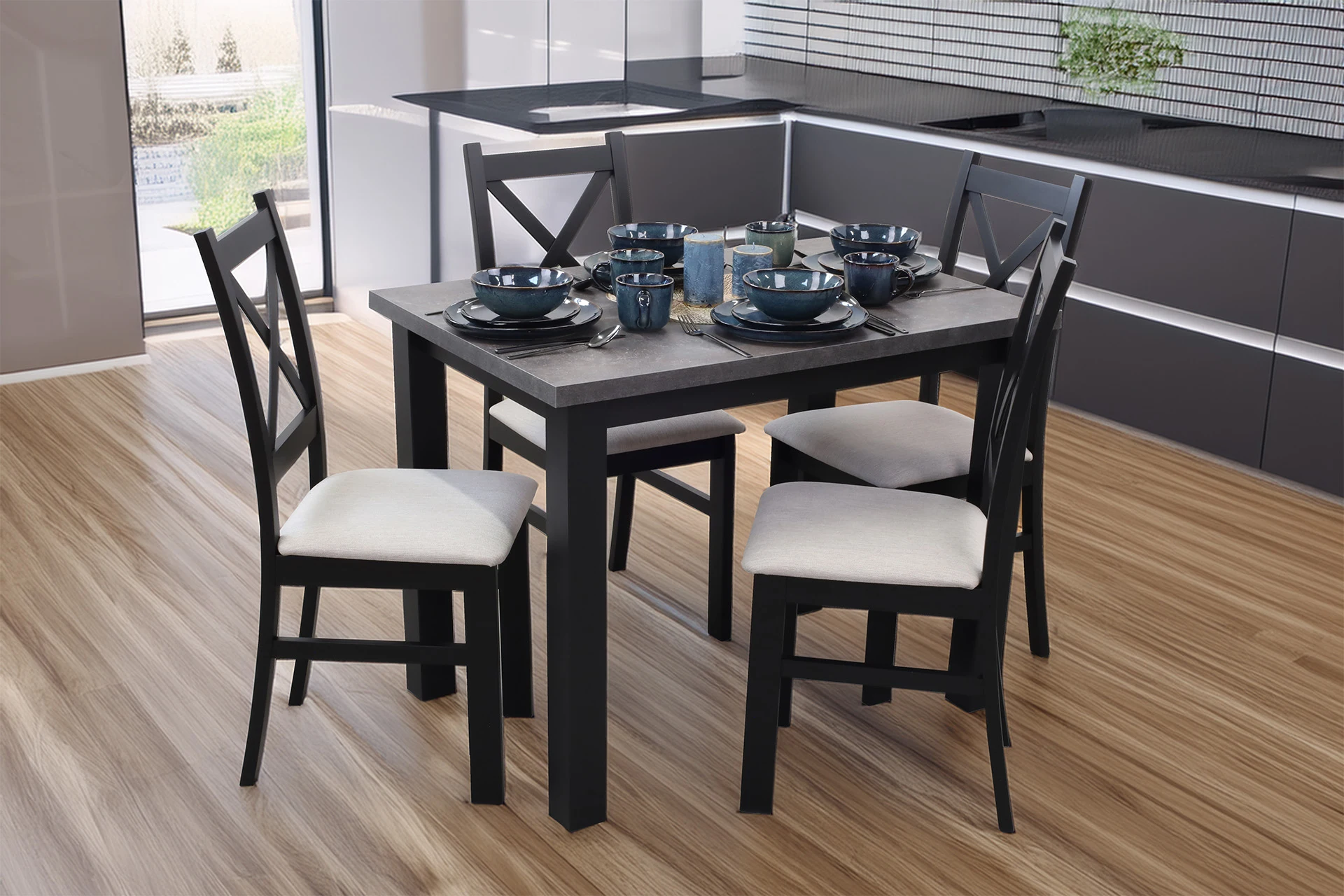 Tisch 100x70 mit 4 Stühlen M004-4 Schwarz/Beton