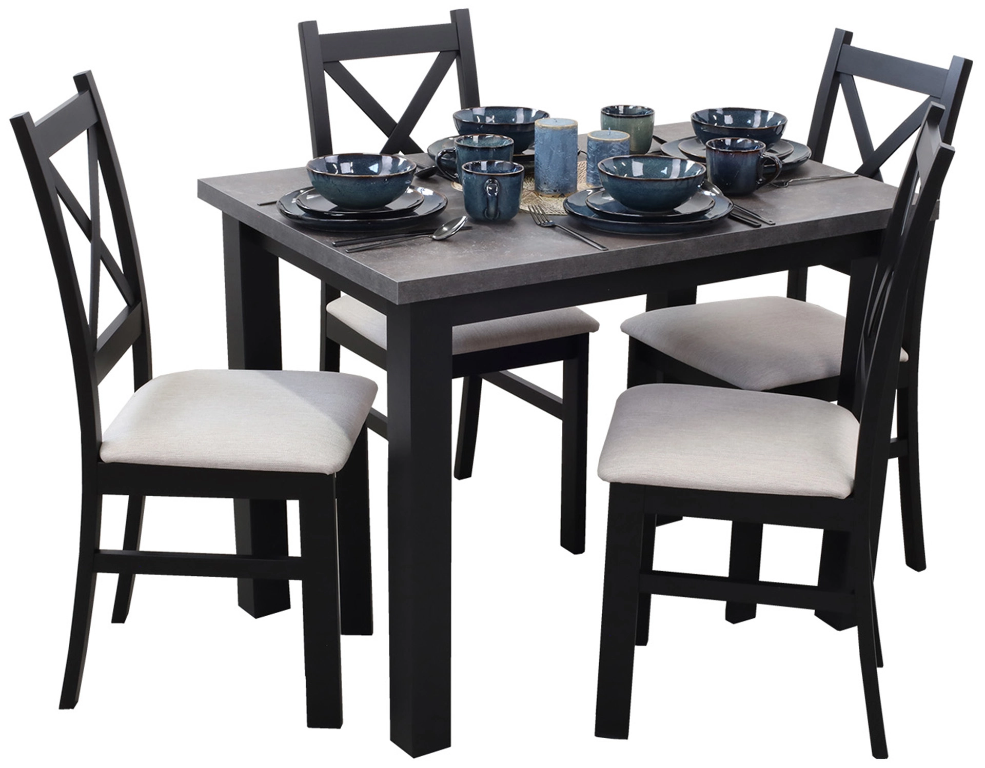 Tisch 100x70 mit 4 Stühlen M004-4 Schwarz/Beton