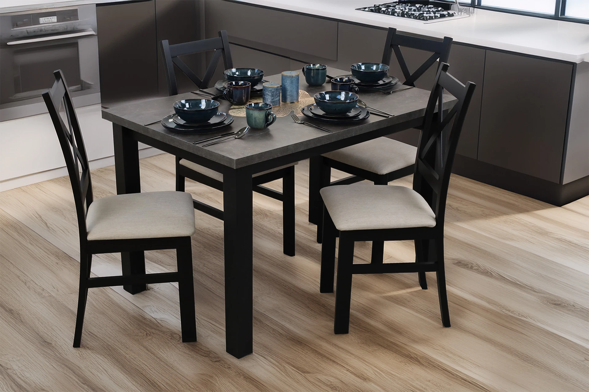 Tisch 120x80 mit 4 Stühlen M005-4 Schwarz/Beton