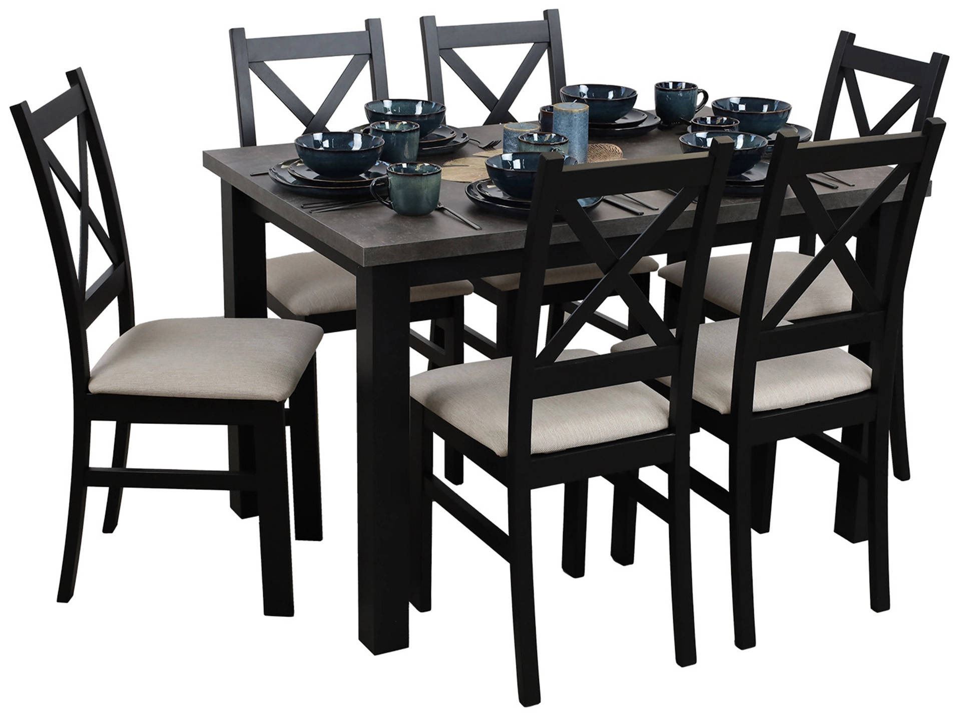 Tisch 120x80 mit 6 Stühlen M005-6 Schwarz/Beton