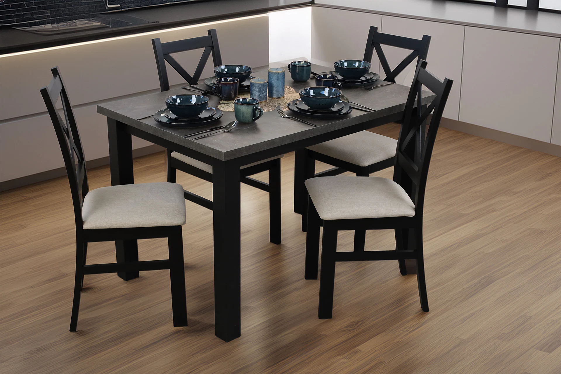 Ausziehbarer Tisch 150/190x80 mit 4 Stühlen M006-4 Schwarz/Beton