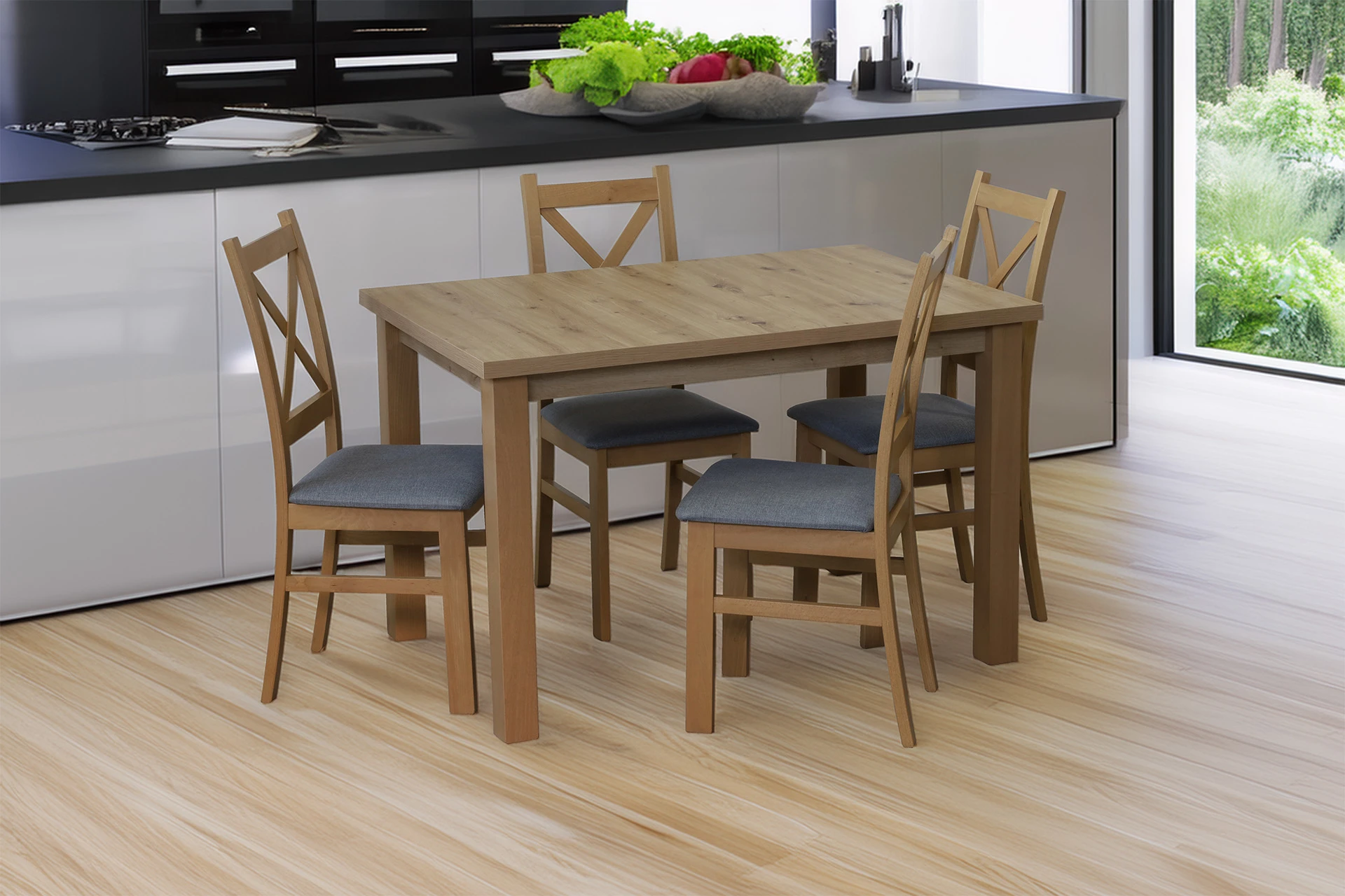 Tisch-Set 150/190x80 mit 4 Stühlen M009-4 Eiche Artisan