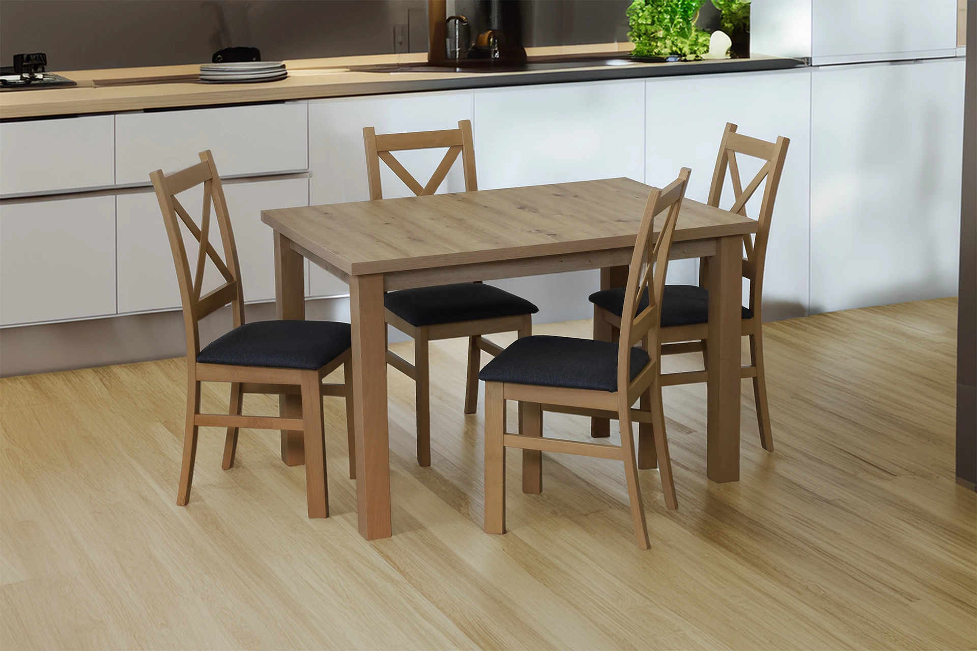 Ausziehbarer Tisch 150/190x80 mit 4 Stühlen M012-4 Eiche Artisan