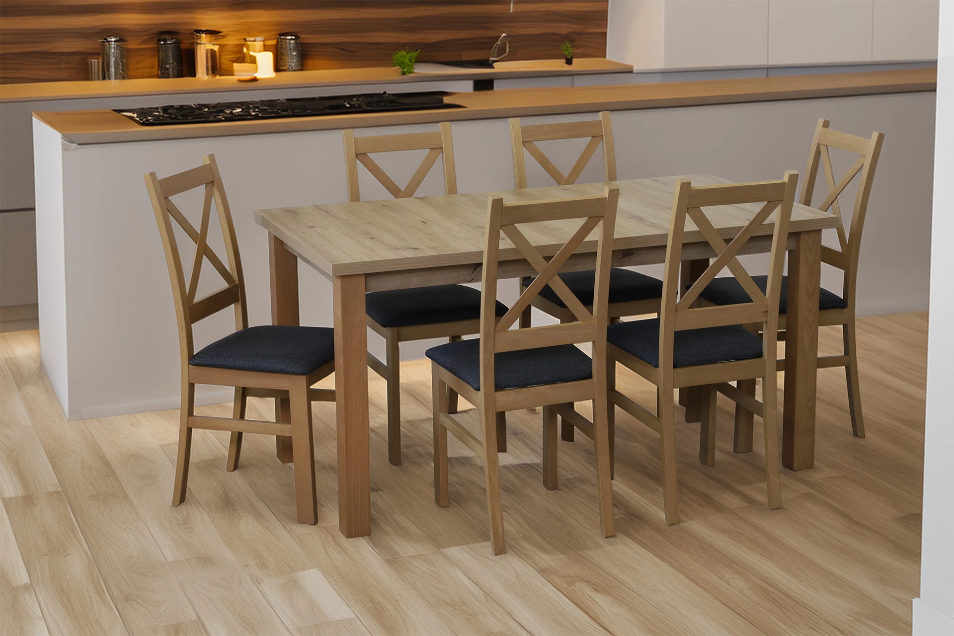 Ausziehbarer Tisch 150/190x80 mit 6 Stühlen M012-6 Eiche Artisan