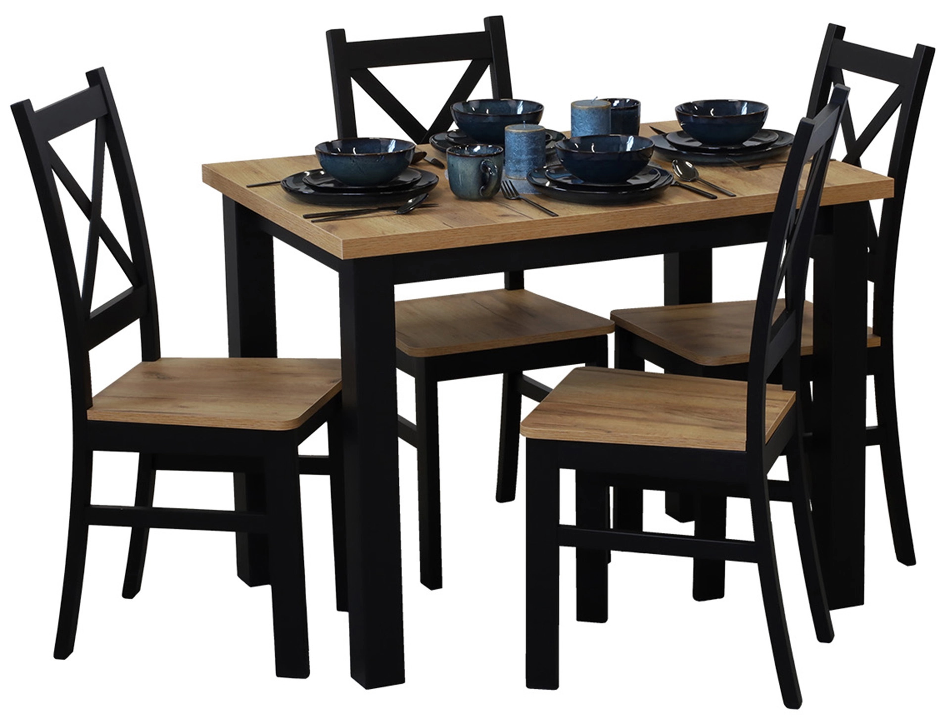 Set Tisch 100x70 mit 4 Stühlen M019-4 Schwarz/Eiche Craft