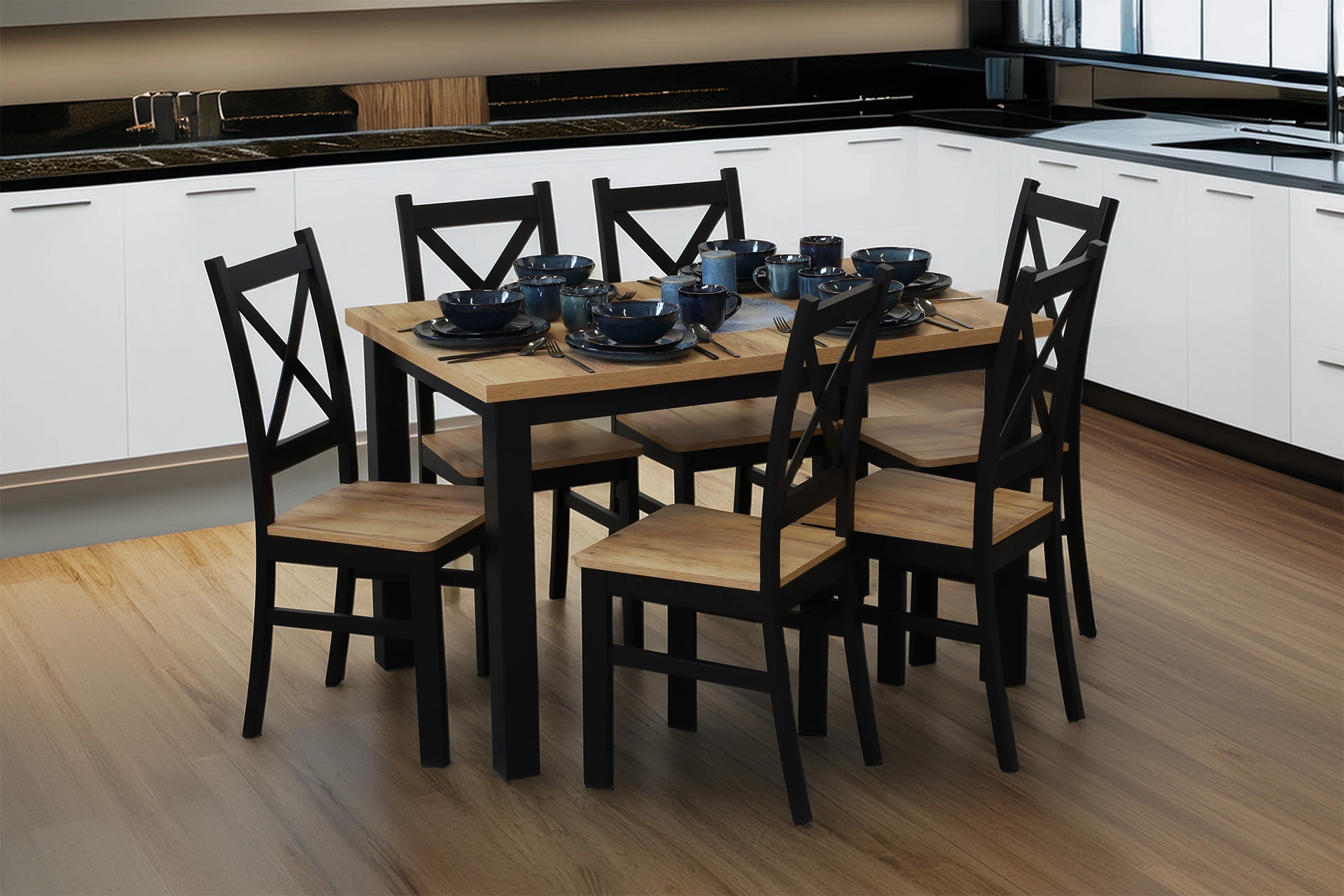 Set Tisch 120x80 mit 6 Stühlen M020-6 Schwarz/Eiche Craft